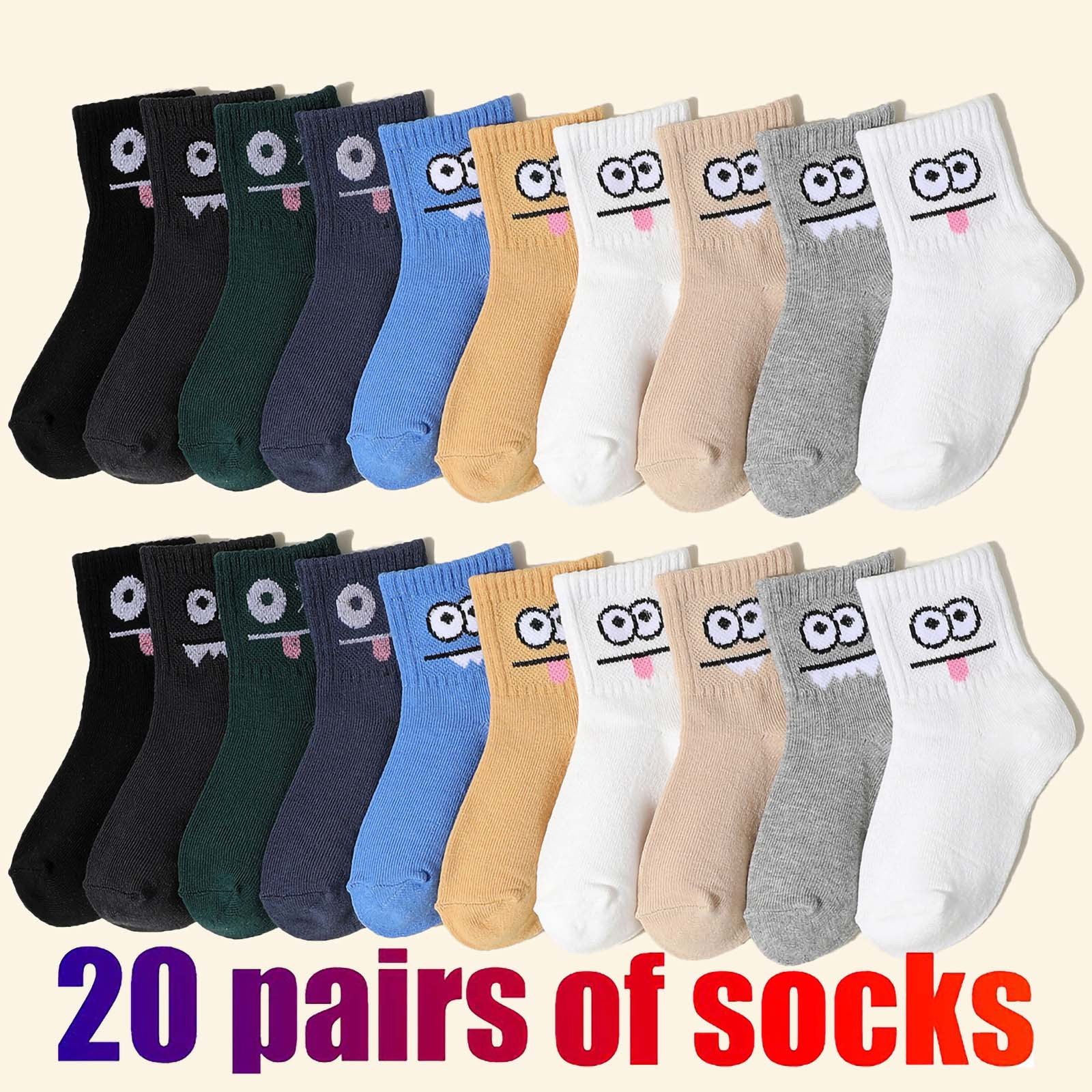 Odeerbi 20 PCS Cotton Ankle Socks for Toddler Boys Girls Cute Soft Crew Socks Baby Children Printed Short Tube Mesh Socks